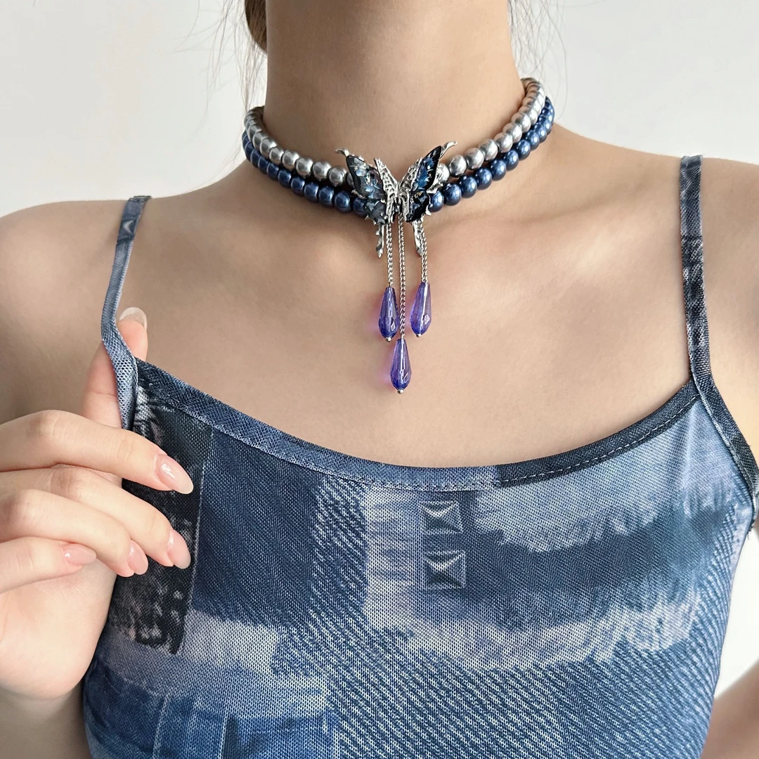 合金亚克力项链 X4610-1精致小众百搭高级感拼色串珠蝴蝶流苏项链