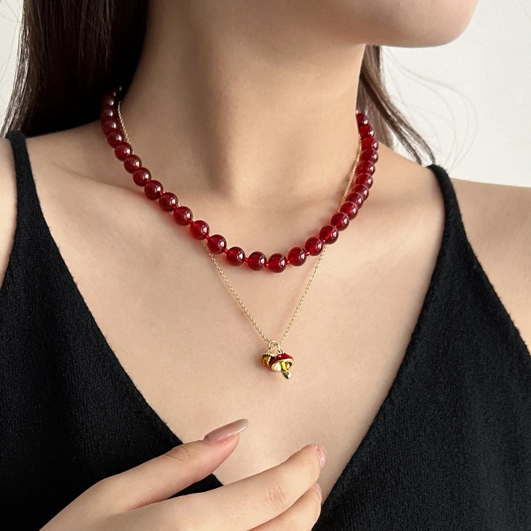 合金亚克力项链 X4674-1时尚精致小众百搭个性高级感红色蘑菇项链