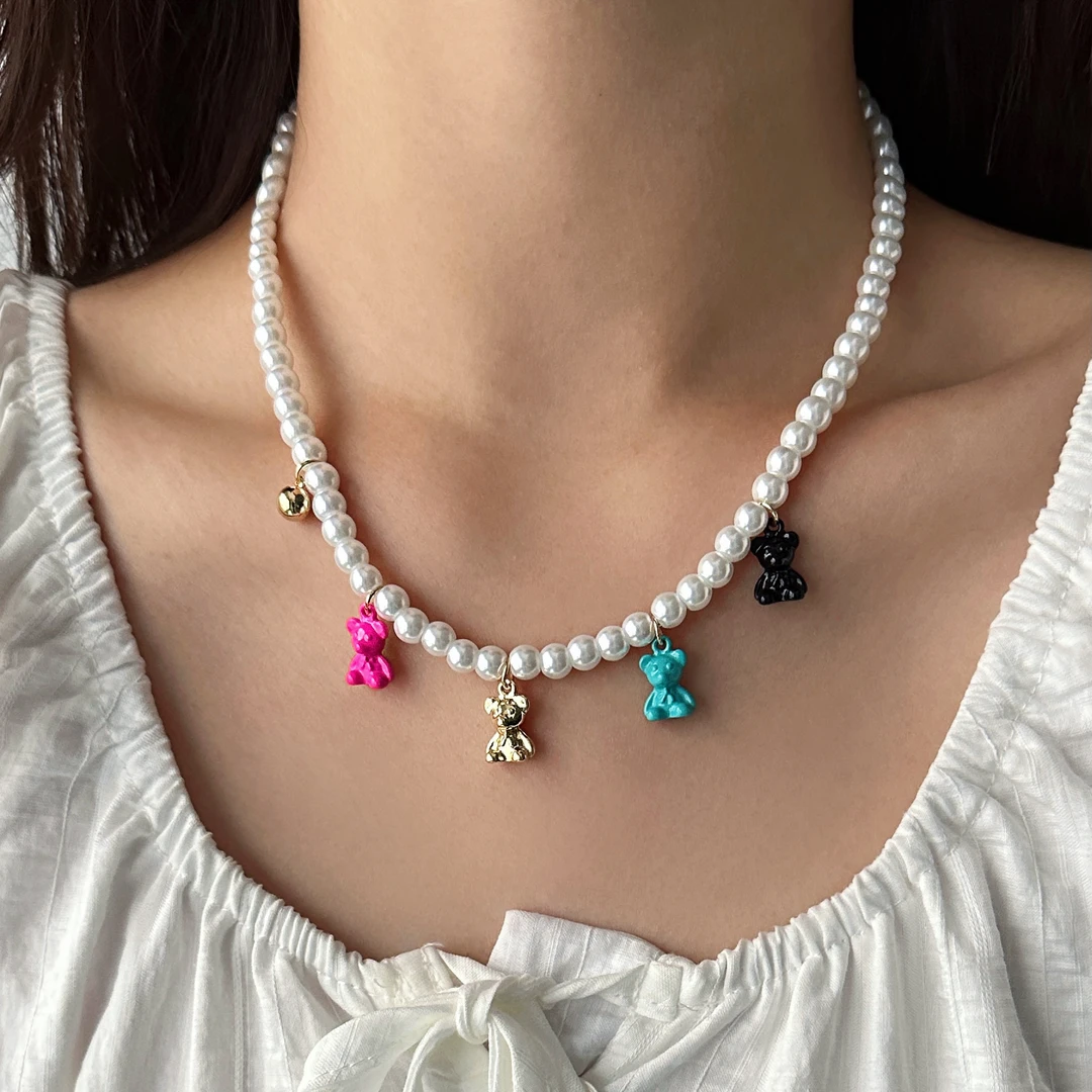 合金亚克力项链 X5120-1时尚精致百搭高级感甜美可爱小熊珠珠项链