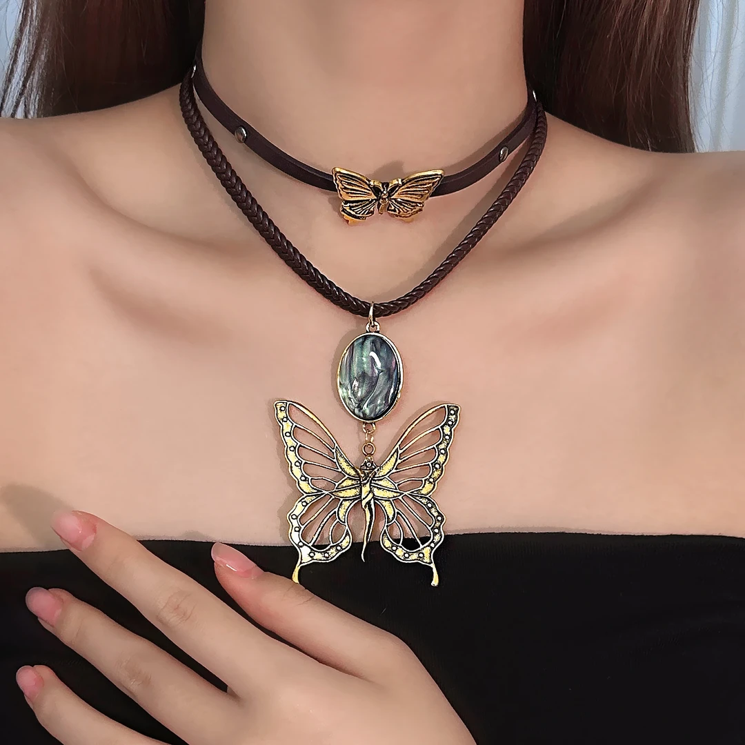 合金皮质项链 X4141-1时尚气质轻奢百搭个性棕色皮革蝴蝶双层项链