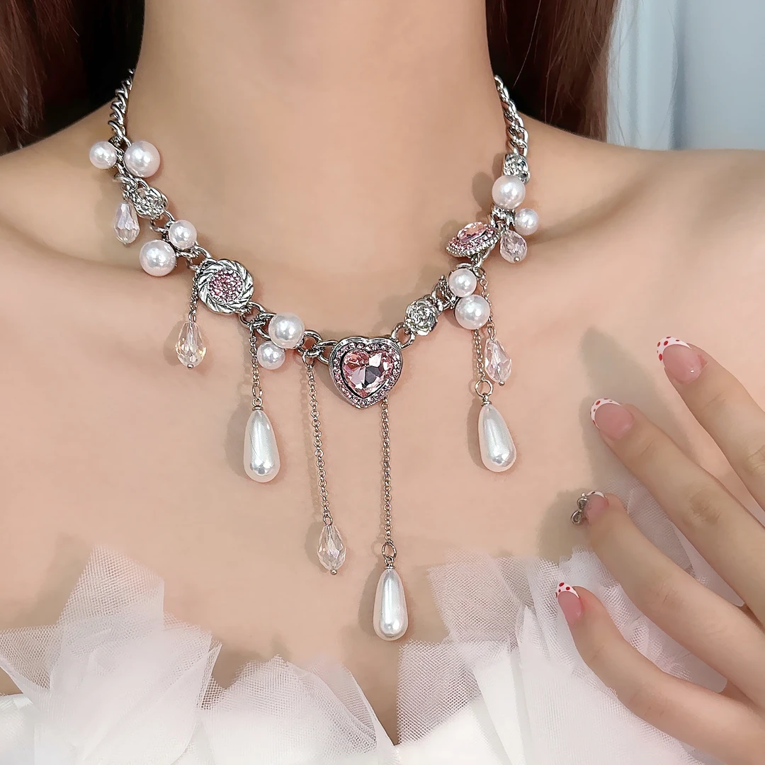 合金项链 X4391-1时尚甜美小众百搭气质个性精致少女粉色爱心项链