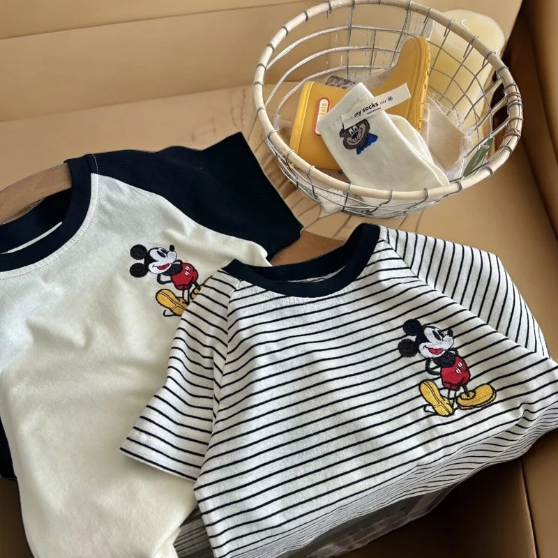 纯棉儿童短袖T恤夏季新款男女童米奇卡通刺绣撞色T恤宝宝条纹上衣