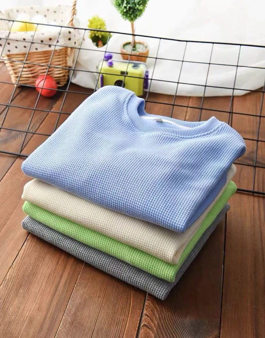 华夫格儿童卫衣春秋款2023新款纯色长袖男宝女中大童圆领-252