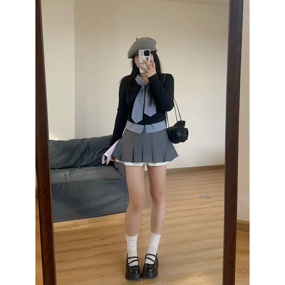 米米子 定制气质芭蕾风百褶裙拼接西装短裙秋冬新款高腰a字半身裙