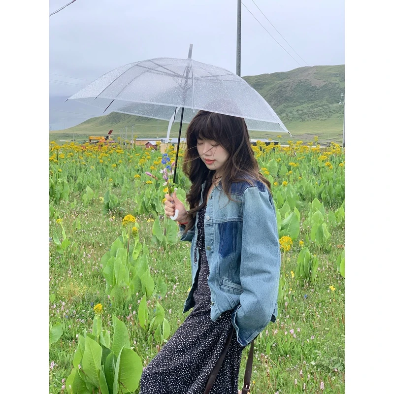 米米子“海洋碎片”深浅不一蓝色色块拼接单宁牛仔外套百搭秋季港风