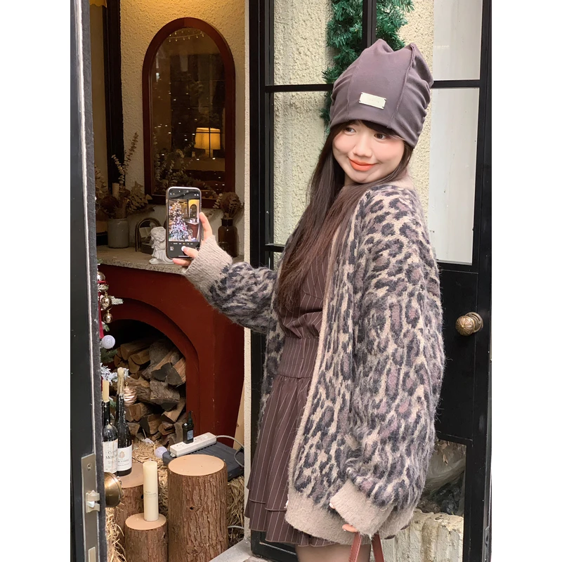 米米子定制豹纹毛衣开衫宽松长袖外套秋冬新款2024显瘦百搭上衣女