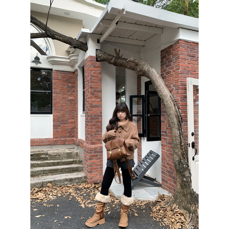 “枫糖旅行”棕色粗毛织堆堆立领翻领两穿毛衣显瘦百搭秋冬新款
