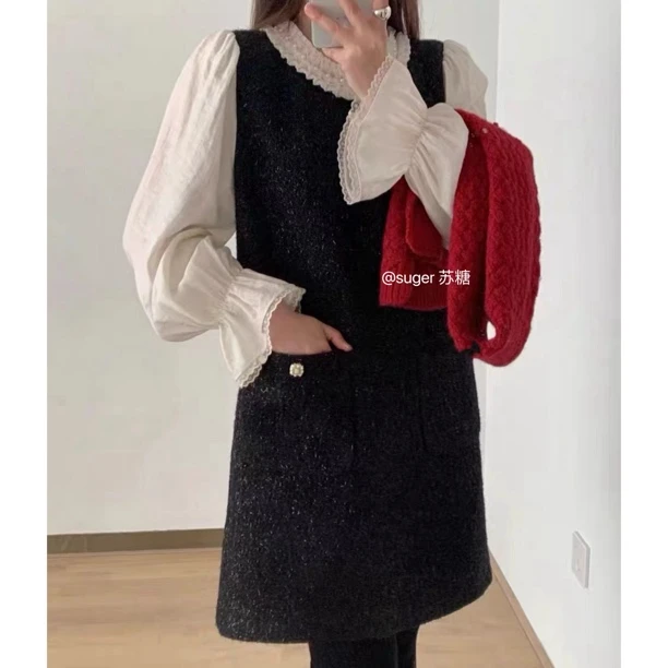 【富家千金/法式花边假两件连衣裙】早春百搭气质钉珠领花边黑色裙