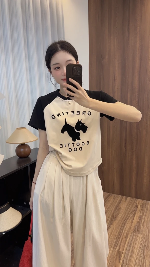 sweet c【小黑狗】W634#短袖T恤女插肩袖2024夏季休闲圆领