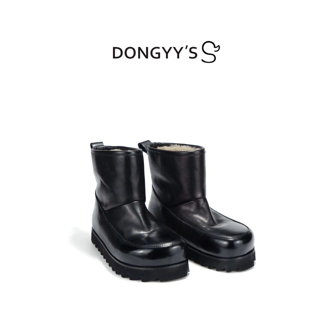 Dongyy's秋冬新款真皮羊皮毛一体保暖黑色厚底加绒短筒马皮雪地靴