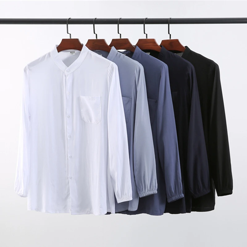 衬衫男长袖休闲宽松纯色薄款衬衣套装秋季中年男士棉绸上衣送爸爸