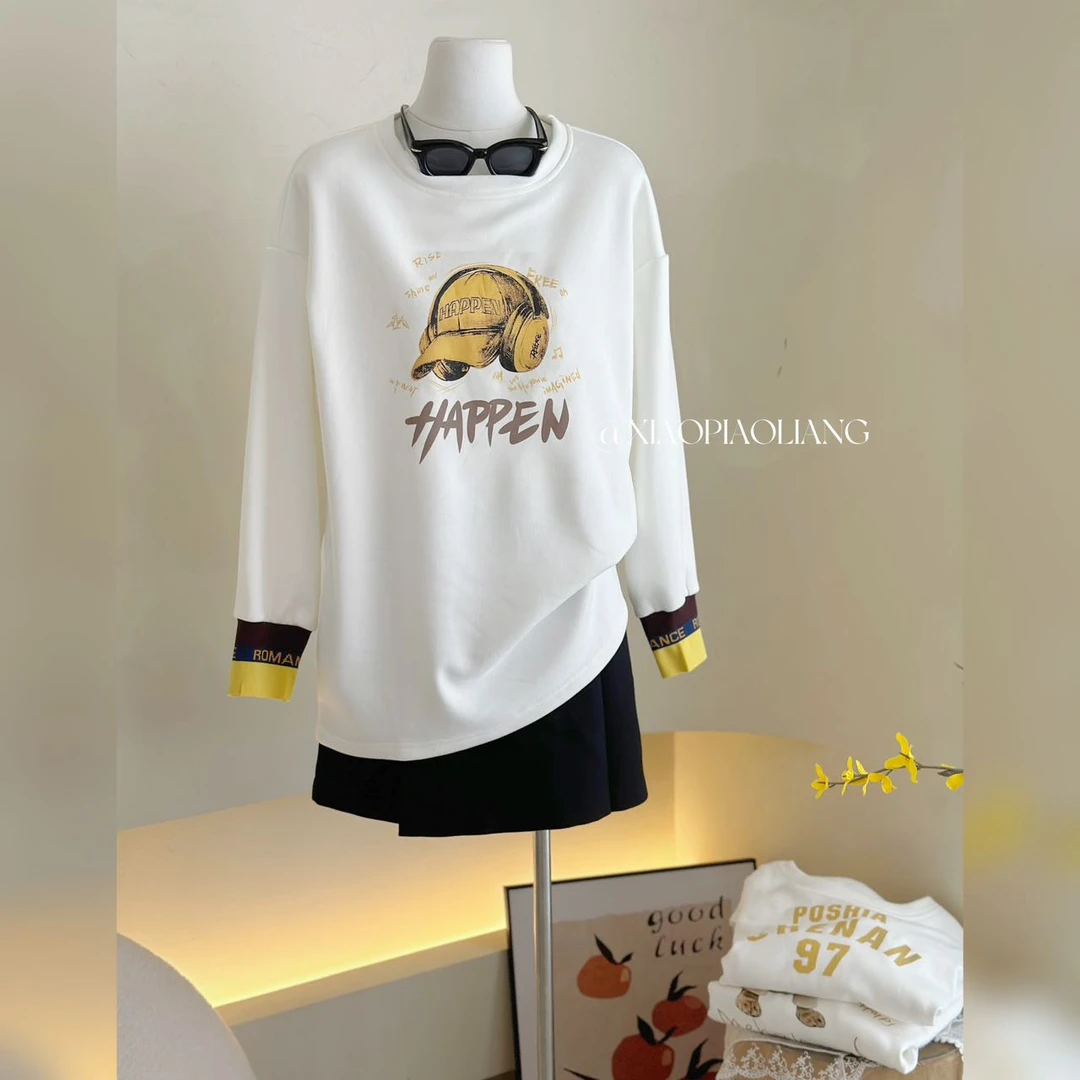 【加绒】秋季休闲百搭小黄帽字母印花撞色套头长袖圆领上衣1014#0.1