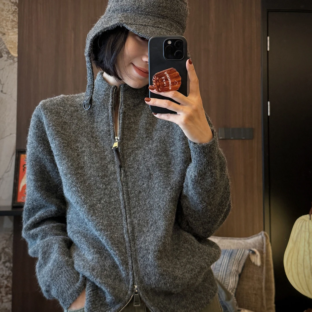 【MGDM】羊毛混纺双拉链立领毛衣保暖针织开衫外套女 25春 SN240010