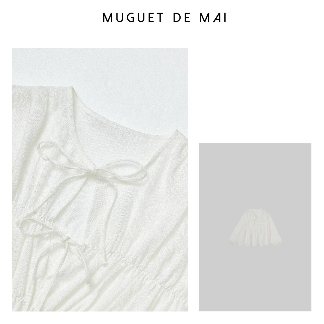 【MGDM】100％亚麻抽褶系带衬衫 MG24019