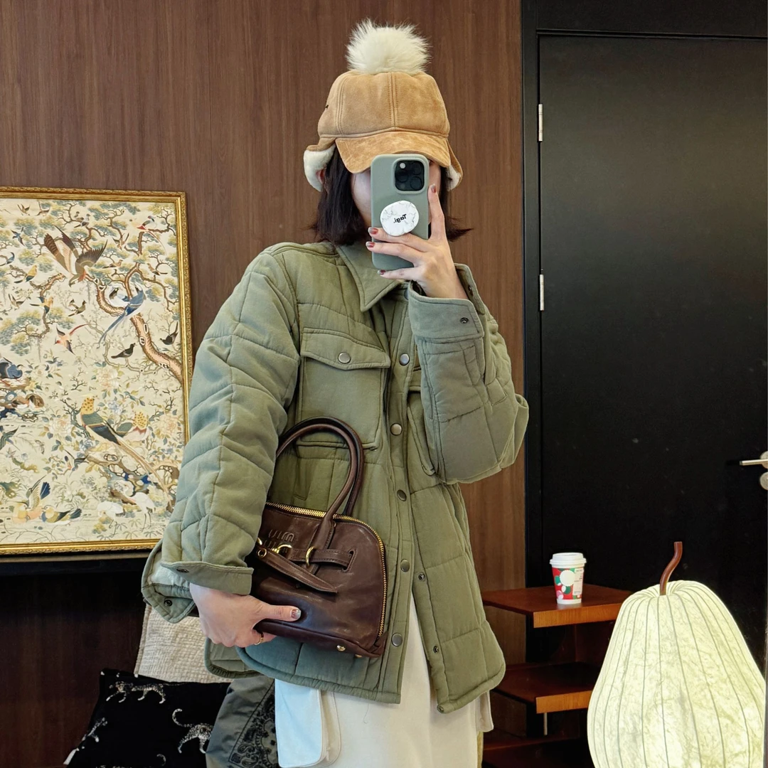 【MGDM】加厚绗棉重工砂洗棉服外套女绿色棉服QB24342