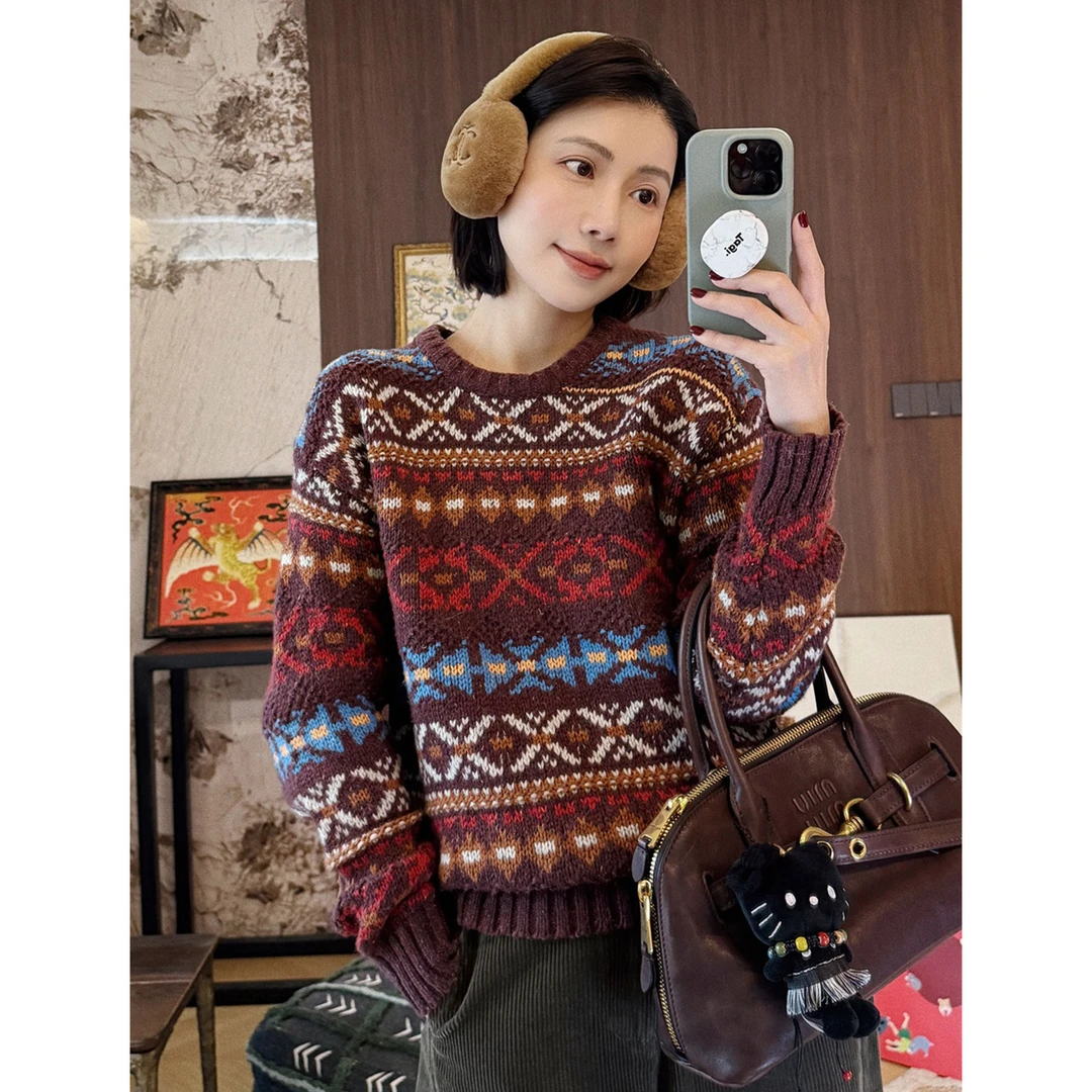 【MGDM】圣诞战衣！重工北欧羊毛混纺撞色圆领加厚毛衣女秋冬YSA0415