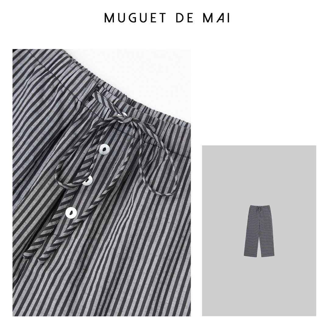 【MGDM】棉麻条纹贝母扣抽绳休闲裤 DDJ24151