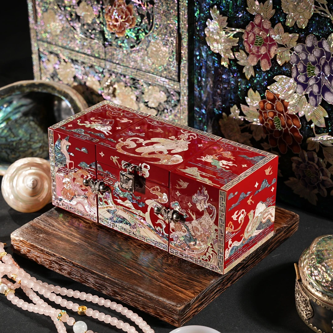 洛水河神三开螺钿漆器首饰盒实木结婚礼物送新人新婚陪嫁礼品收纳