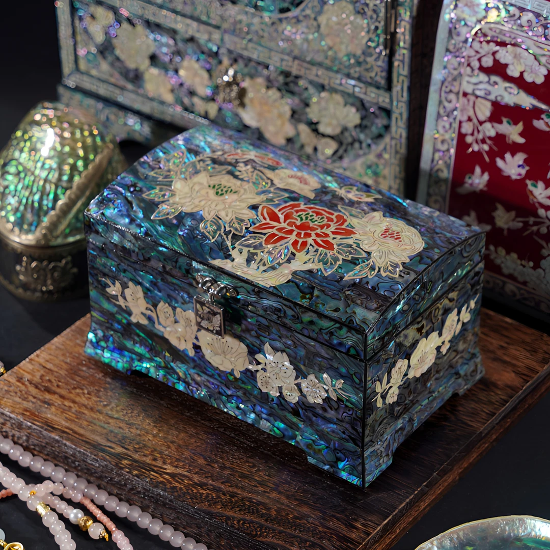 国色芳华锁头螺钿漆器首饰盒高档实木结婚礼物黑金鲍陪嫁礼品收纳