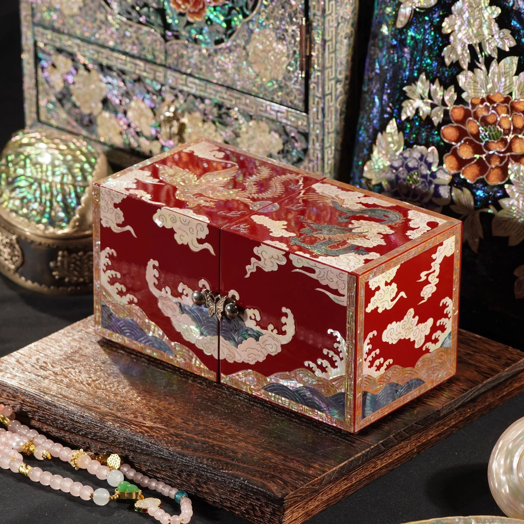 对开龙凤呈祥螺钿漆器首饰盒高档实木结婚礼物送新婚陪嫁礼品收纳