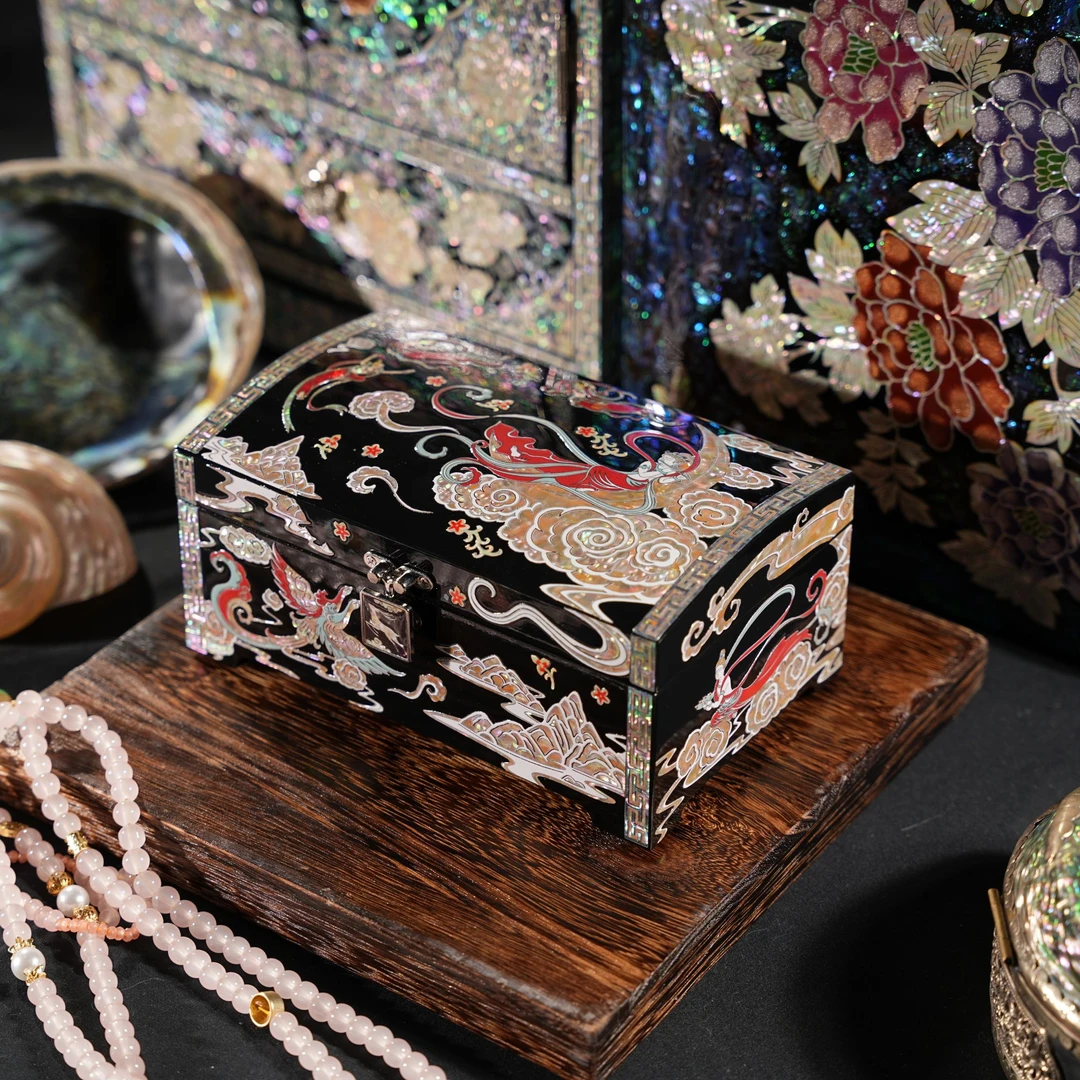 敦煌黑色螺钿漆器首饰盒高档实木结婚礼物送新人新婚陪嫁礼品收纳