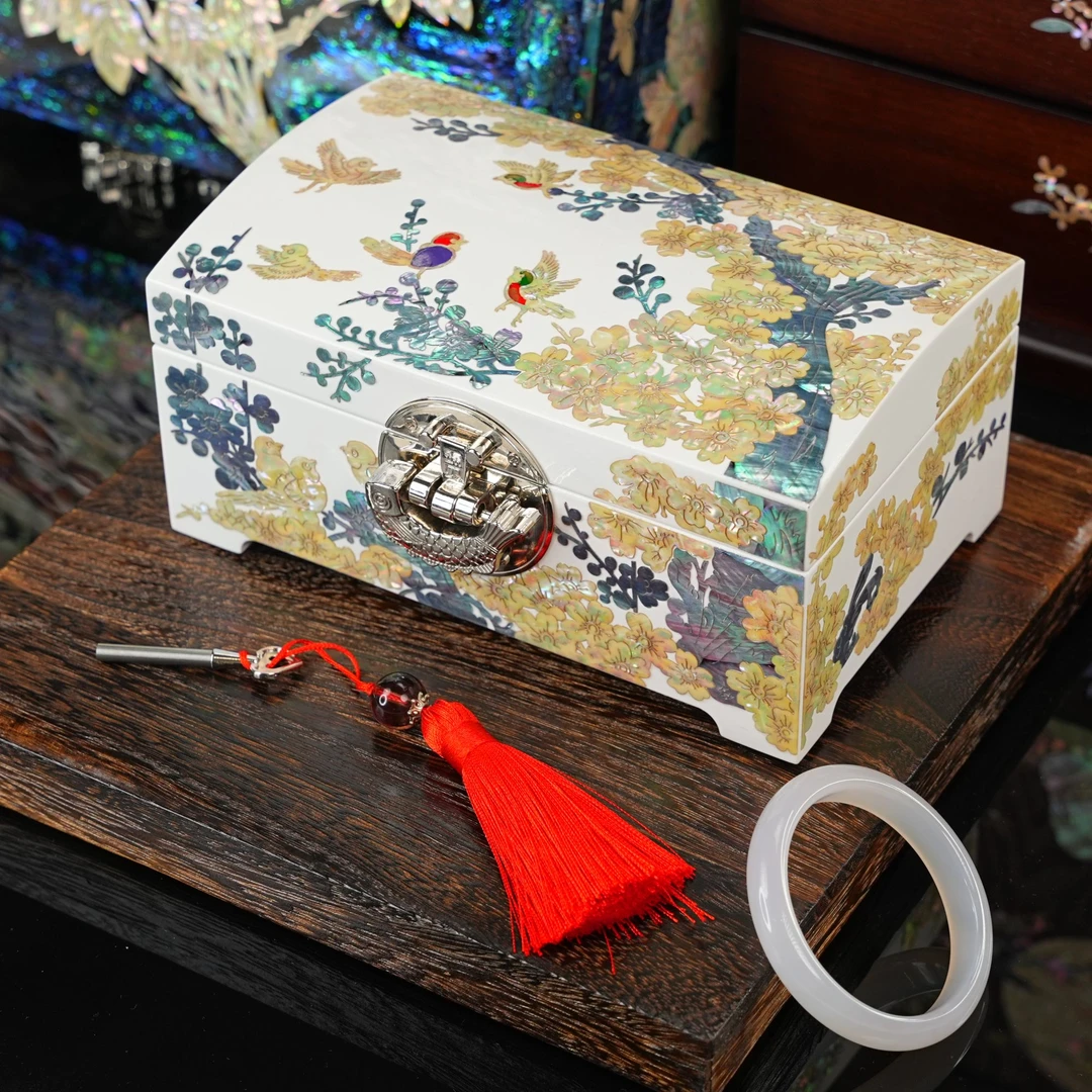 绒布锁扣款黑白喜上眉梢螺钿首饰盒大漆器高档（两款）