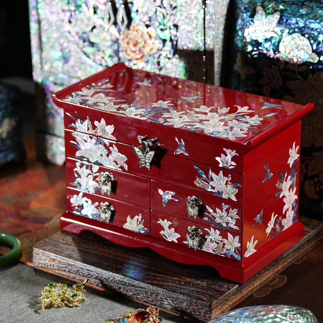 红百合 多层螺钿工艺首饰盒收藏送礼收纳盒收藏摆件