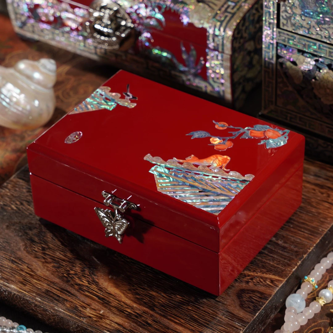 故宫小猫螺钿漆器首饰盒高档实木结婚礼物新婚陪嫁礼品收纳