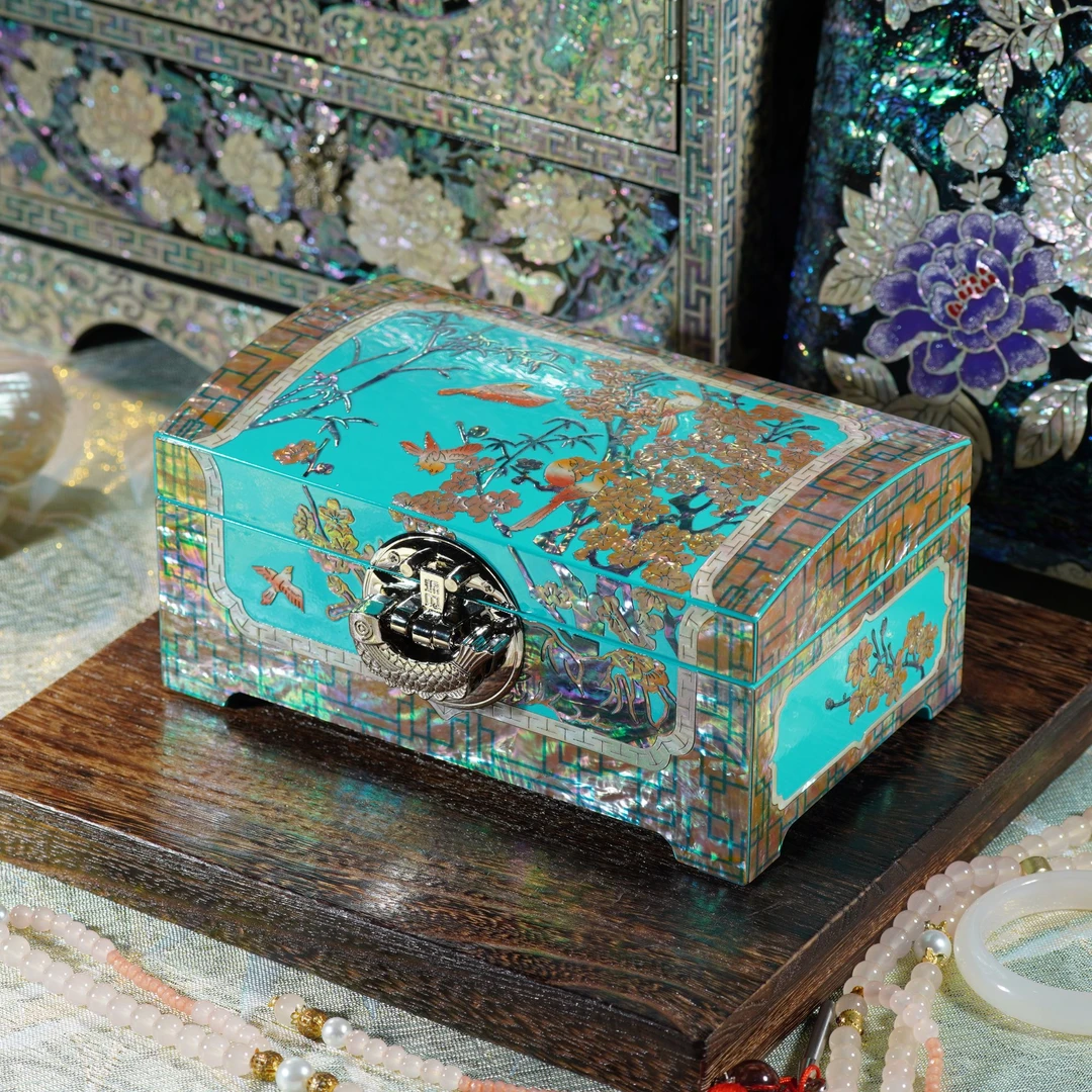 新款蓝色竹梅双喜螺钿工艺首饰盒送人收礼首饰项链首饰盒