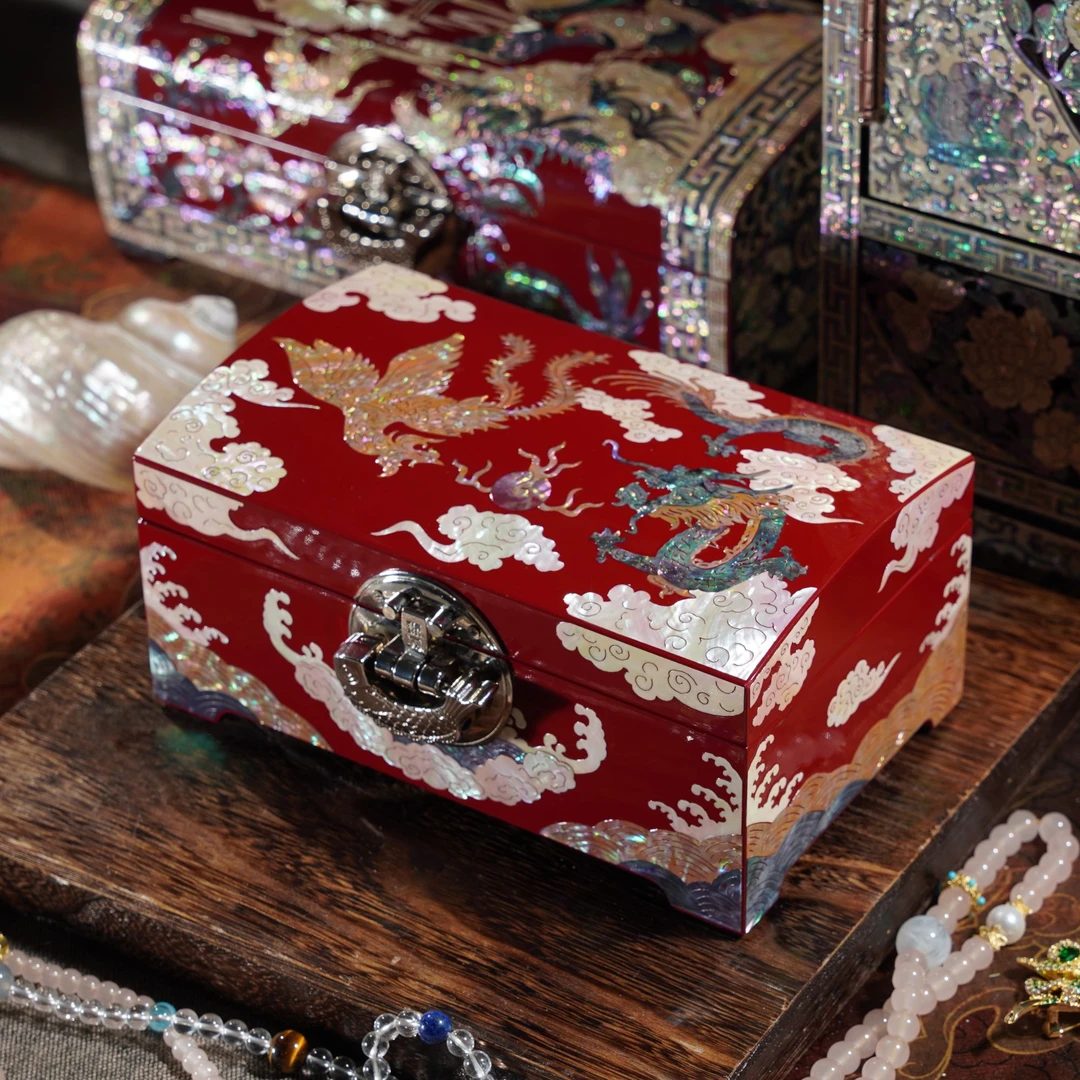 绒布款龙凤呈祥螺钿漆器首饰盒高档实木结婚礼物新婚陪嫁礼品收纳