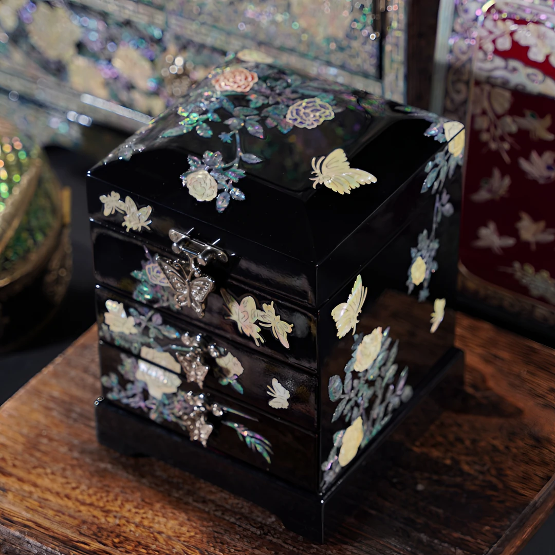 玫瑰多层螺钿漆器首饰盒高档实木结婚礼物新人新婚陪嫁礼品收纳