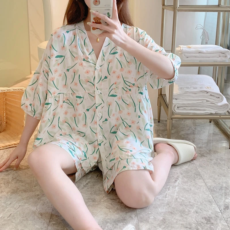 夏季睡衣女绵绸短袖短裤两件套装棉绸韩版薄款学生宽松家居服大码