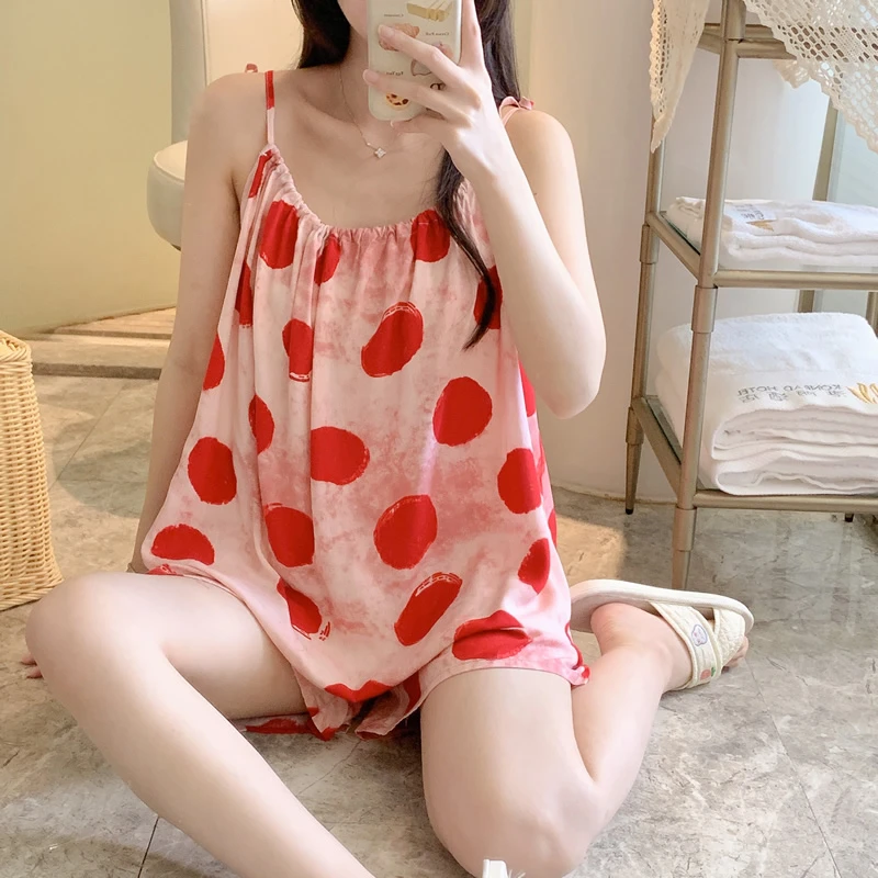 小清新新款人造棉睡衣女夏季棉绸吊带两件套装甜美无袖薄款家居服