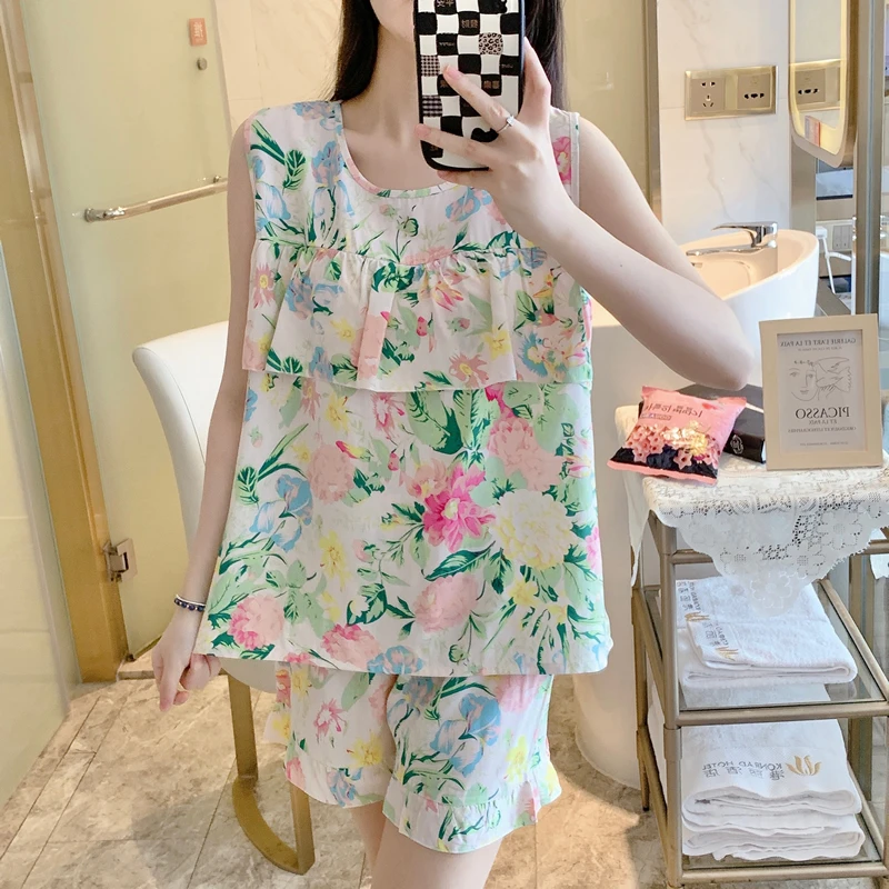 棉绸睡衣女夏季防凸点短袖两件套装新款可爱大码绵绸家居服短裤