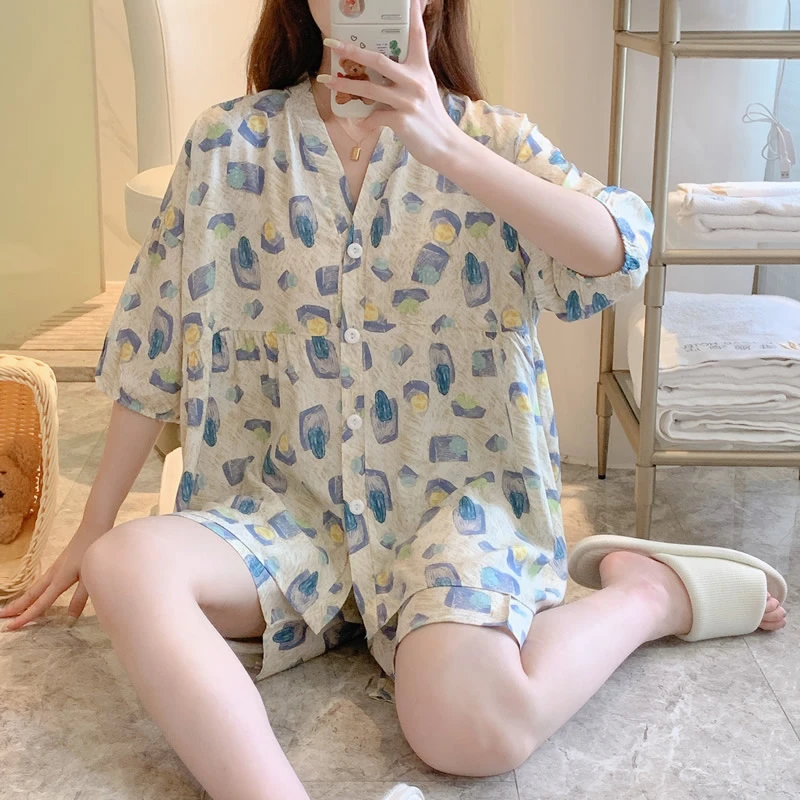 睡衣女夏季棉绸短袖短裤小香风薄款绵绸人造棉宽松V领家居服套装