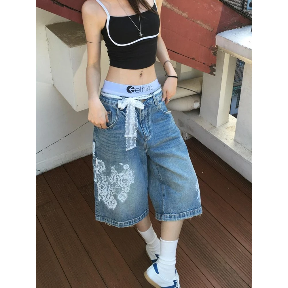 美式蕾丝印花设计感七分牛仔裤女夏季过膝高腰宽松百搭阔腿短裤潮