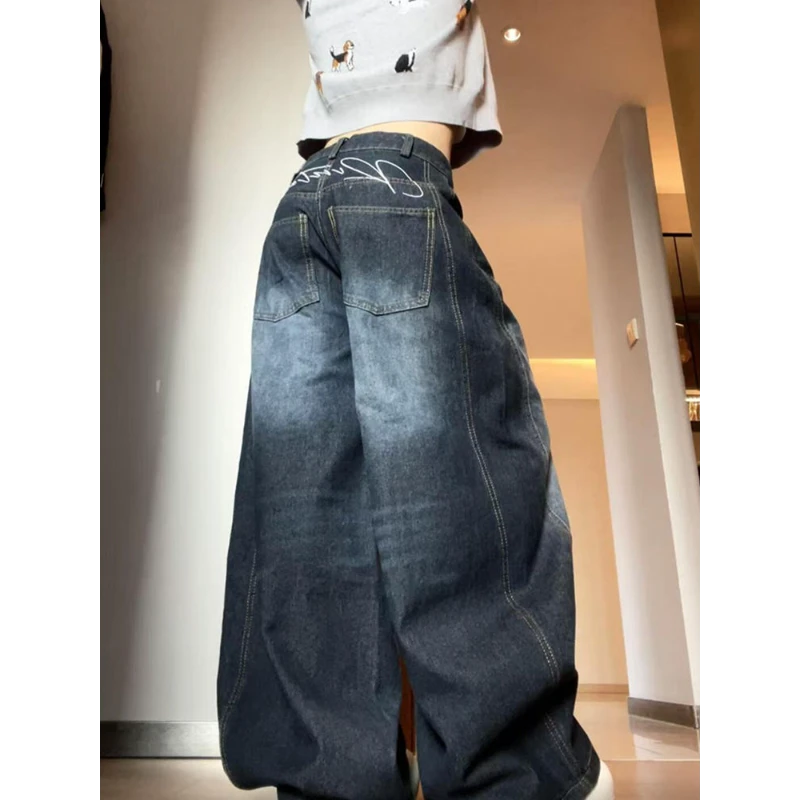美式涂鸦垂坠感高腰阔腿牛仔裤女秋冬设计感ins潮宽松休闲直筒裤