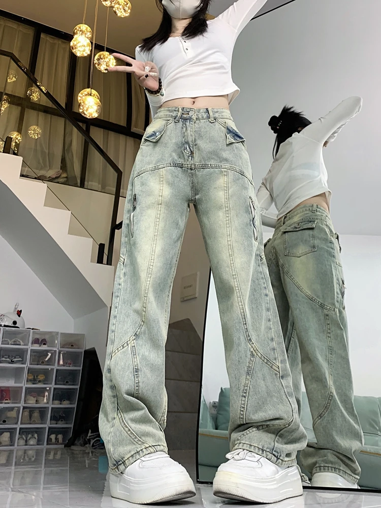 美式复古设计感高腰直筒牛仔裤女窄版新款潮流个性宽松显瘦阔腿裤