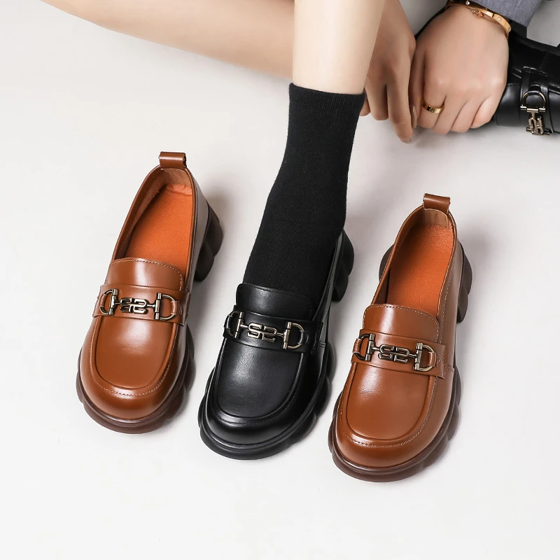 真皮手工鞋女复古单鞋百搭平底软底舒适妈妈鞋软皮时尚圆头乐福鞋