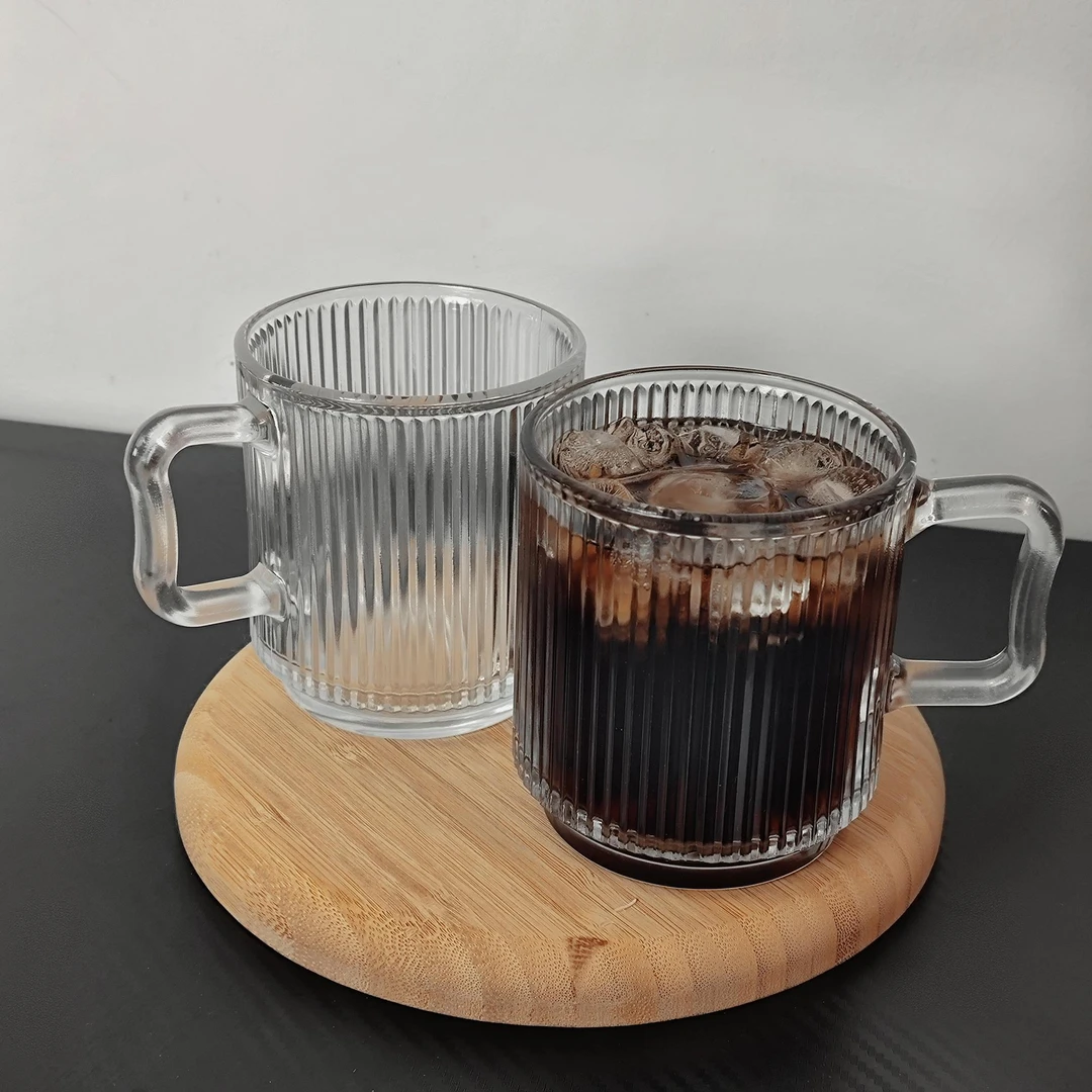 媚家【两只】家用透明玻璃竖纹把手水杯