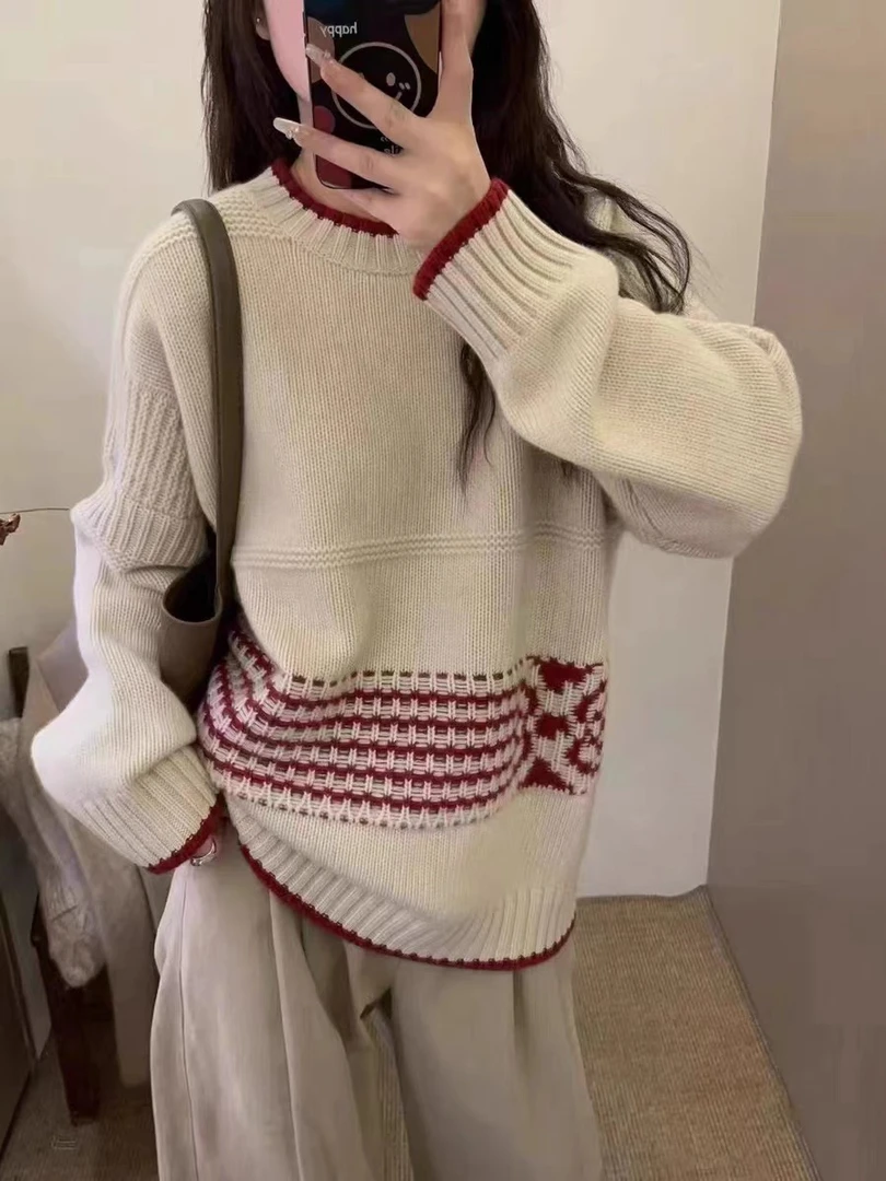 新品～100纯山羊绒加厚圆领宽松慵懒风毛衣