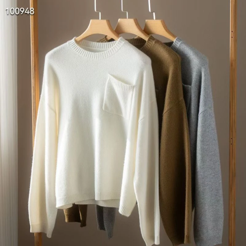 100纯山羊绒简约圆领宽松慵懒风套头毛衣