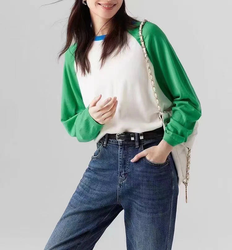 春夏款！100精纺羊毛圆领拼色套头防晒衫