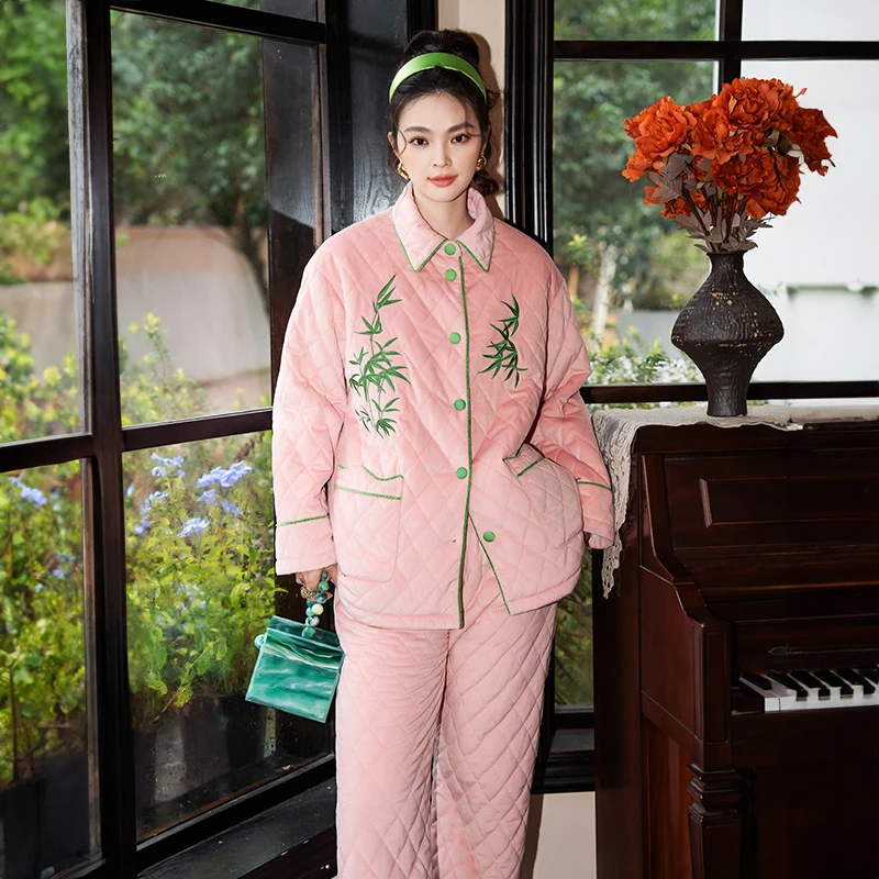 AUDREYWANG园中竹林绗棉睡衣女士加绒加厚冬季宽松家居服套装9610