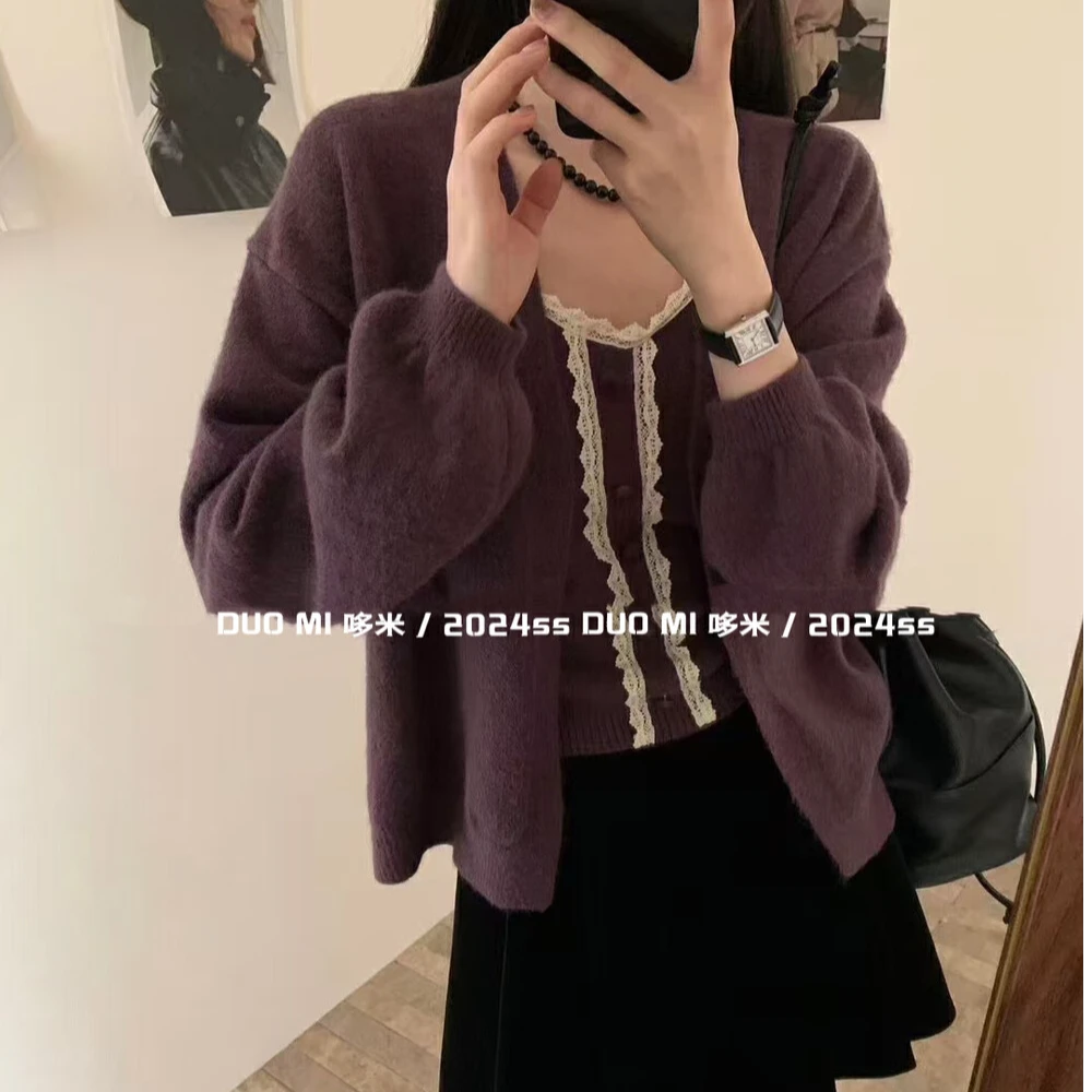 秋冬款蕾丝背心吊带+针织开衫两件套毛衣女韩版显瘦软糯毛衣外套