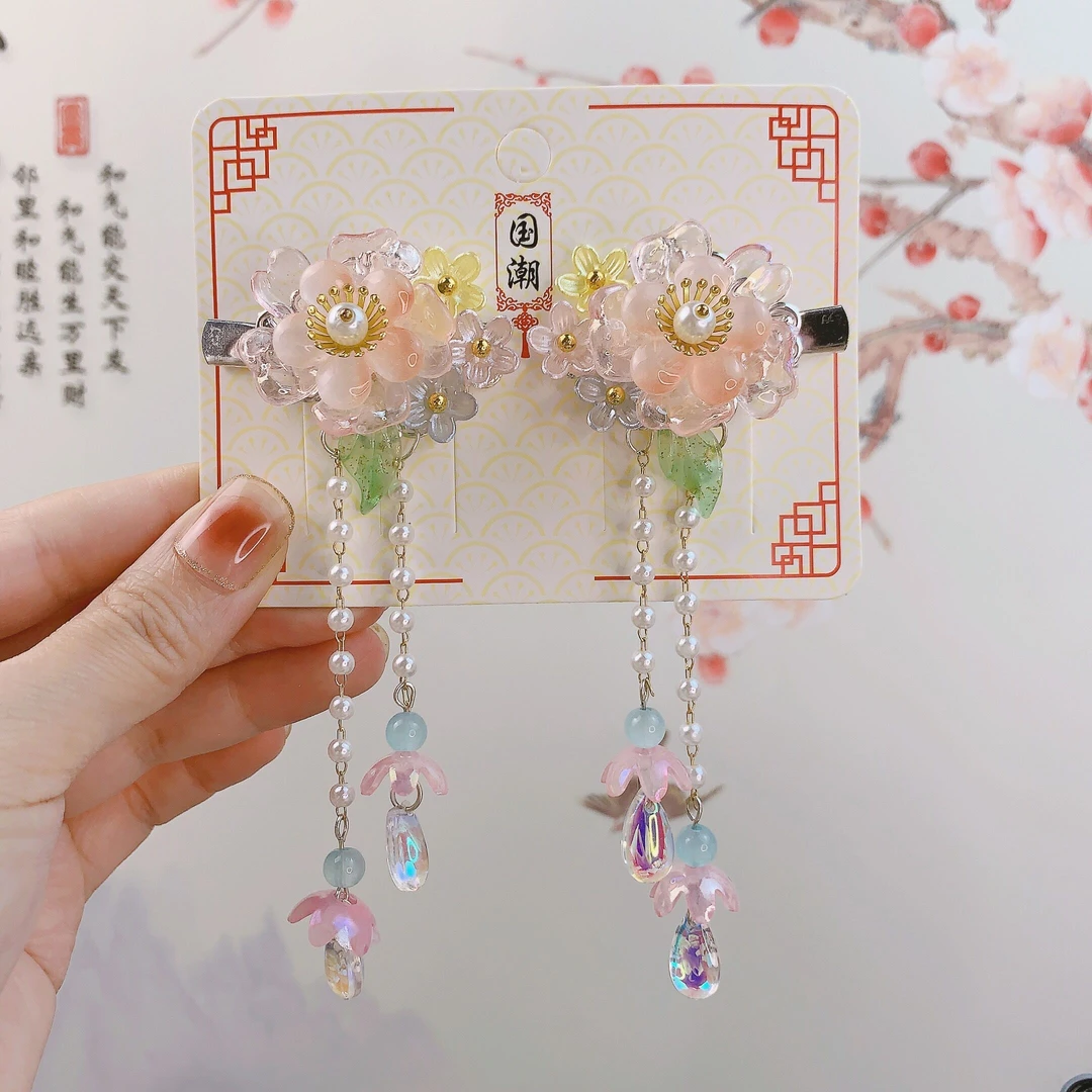 女孩古风琉璃发夹流苏古装汉服发饰对夹儿童步摇超仙花朵头饰配饰