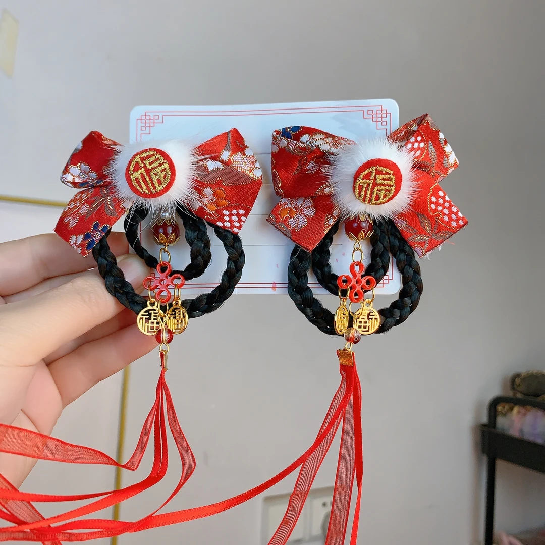 儿童新年发饰 头饰过年红色头花超仙飘带宝宝新年发夹