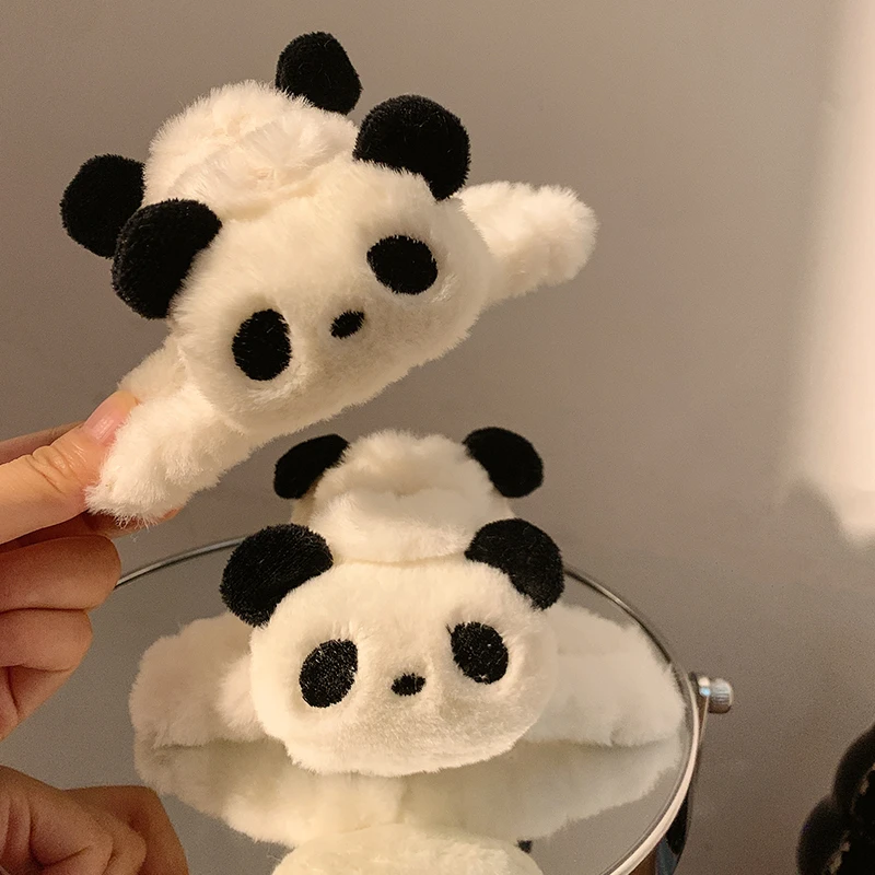 可爱熊猫毛绒抓夹女后脑勺发夹卡通夹子盘发鲨鱼夹发饰头饰品秋冬