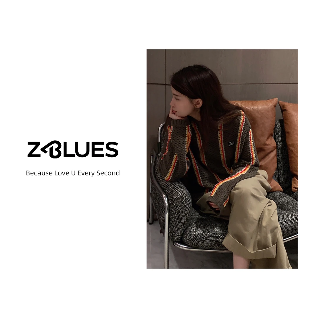 Z.blues【撞色潮】撞色复古条纹镂空褐绿彩条针织圆领毛衣YZDZD3122