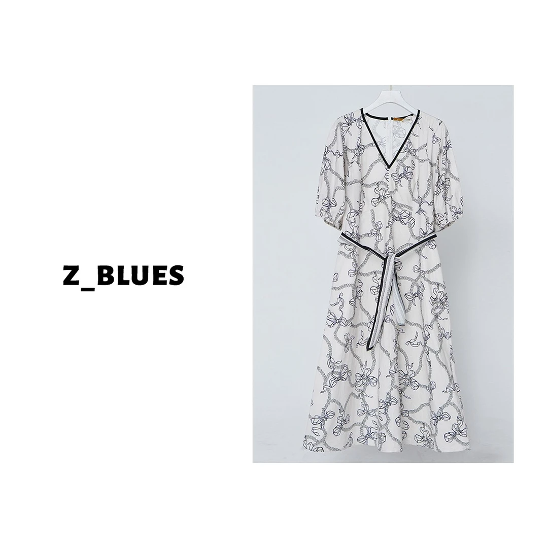 Z.blues【春夏设计师时尚】气质碎花气质麻布连衣裙子YZGJDP2227